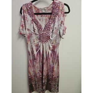 Summer Dress Cold Shoulder Pink Floral With Embroidery Gems Size M - World Unity